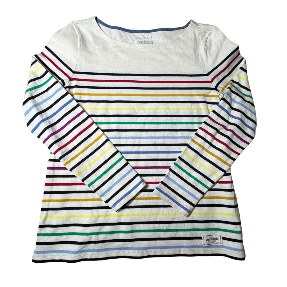 Talbots Top Stripe Womens S Mariner Colorful Ivory Long Sleeve Cotton Sailing